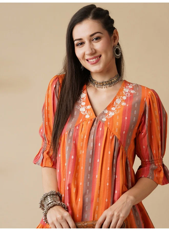 جلو باص Women Floral Embroidered V-Neck Puff Sleeves Knee Length Tiered Fusion A-Line Dress