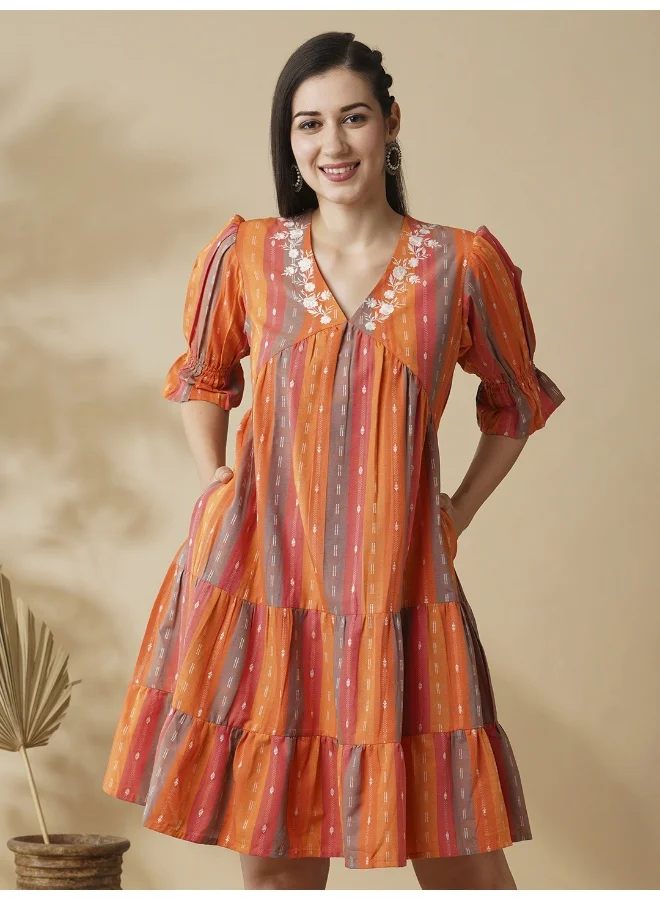 جلو باص Women Floral Embroidered V-Neck Puff Sleeves Knee Length Tiered Fusion A-Line Dress
