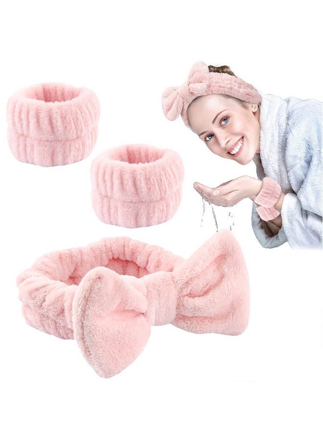 maycreate ® Face Wash Headband & Wristband Set, Soft Stretchy Bowknot Headband For Women Girls, Flannel Super Absorbent Sweat Wrist Towel Band For Washing Face, Makeup, Yoga, Fitness (Pink) - Image 1