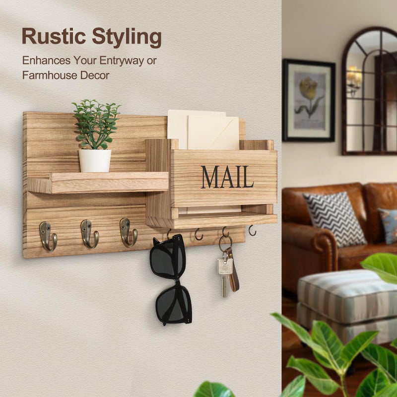 Lwenki Mail Organizer for Wall Mount â€“ Key Holder with Shelf Includes Letter Holder and Hooks for Hallway Farmhouse Decor â€“ Rustic Wood with Flush Mounting Hardware (16.5â€ x 9.1â€ x 3.4â€) (Wood) - Image 4
