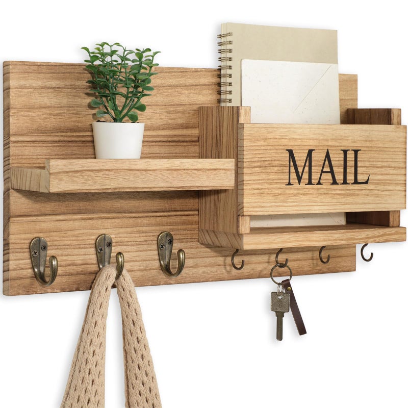 Lwenki Mail Organizer for Wall Mount â€“ Key Holder with Shelf Includes Letter Holder and Hooks for Hallway Farmhouse Decor â€“ Rustic Wood with Flush Mounting Hardware (16.5â€ x 9.1â€ x 3.4â€) (Wood) - Image 1