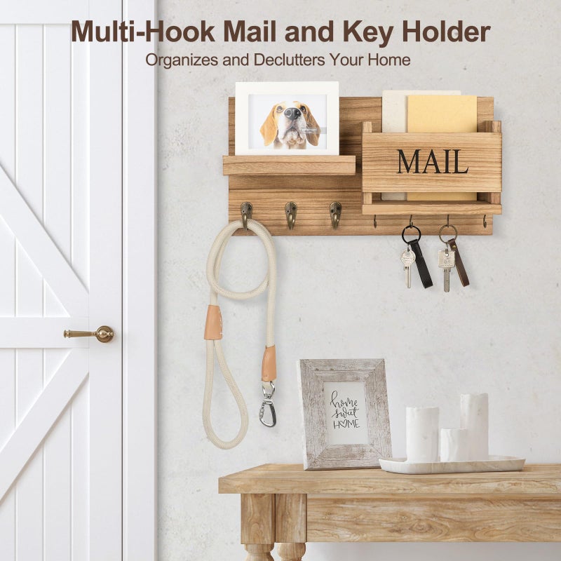 Lwenki Mail Organizer for Wall Mount â€“ Key Holder with Shelf Includes Letter Holder and Hooks for Hallway Farmhouse Decor â€“ Rustic Wood with Flush Mounting Hardware (16.5â€ x 9.1â€ x 3.4â€) (Wood) - Image 3