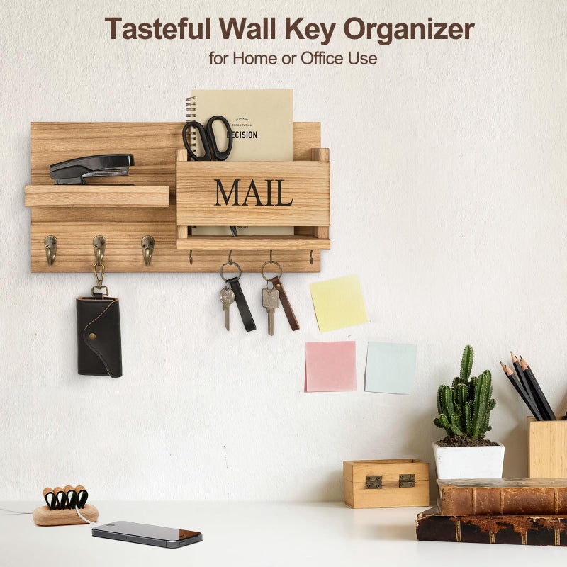 Lwenki Mail Organizer for Wall Mount â€“ Key Holder with Shelf Includes Letter Holder and Hooks for Hallway Farmhouse Decor â€“ Rustic Wood with Flush Mounting Hardware (16.5â€ x 9.1â€ x 3.4â€) (Wood) - Image 5