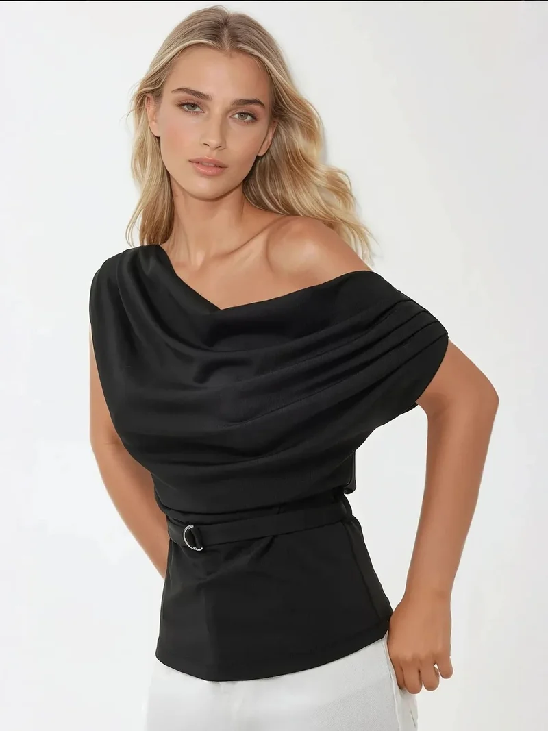 HICCUP Shawl Collar Drapped Belted Top