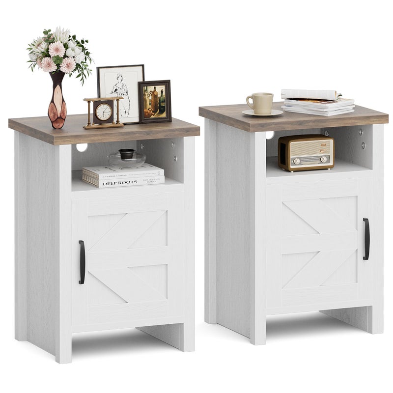 JUMMICO Farmhouse Nightstand Modern Bedside Table with Barn Door and Shelf Rustic End Table Side Table for Bedroom Living Room 2 White