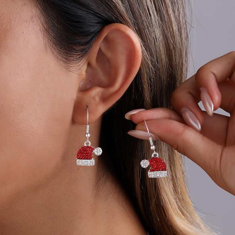 MYANAIL Christmas Earrings for Women Jewelry Gift Rhinestone Stud Earrings for Women Red Crystal Santa Hat Dangle Earrings Necklace Set Santa Hat Drop Earring (Santa Hats) - Image 2