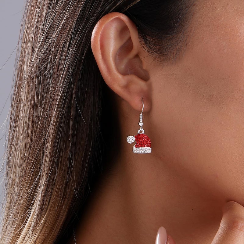 MYANAIL Christmas Earrings for Women Jewelry Gift Rhinestone Stud Earrings for Women Red Crystal Santa Hat Dangle Earrings Necklace Set Santa Hat Drop Earring (Santa Hats) - Image 3