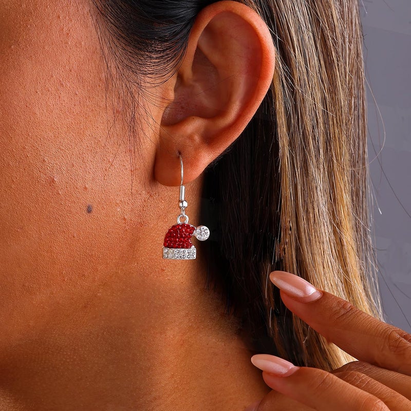 MYANAIL Christmas Earrings for Women Jewelry Gift Rhinestone Stud Earrings for Women Red Crystal Santa Hat Dangle Earrings Necklace Set Santa Hat Drop Earring (Santa Hats) - Image 5