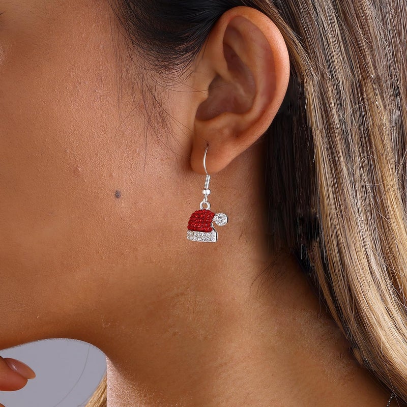 MYANAIL Christmas Earrings for Women Jewelry Gift Rhinestone Stud Earrings for Women Red Crystal Santa Hat Dangle Earrings Necklace Set Santa Hat Drop Earring (Santa Hats) - Image 4