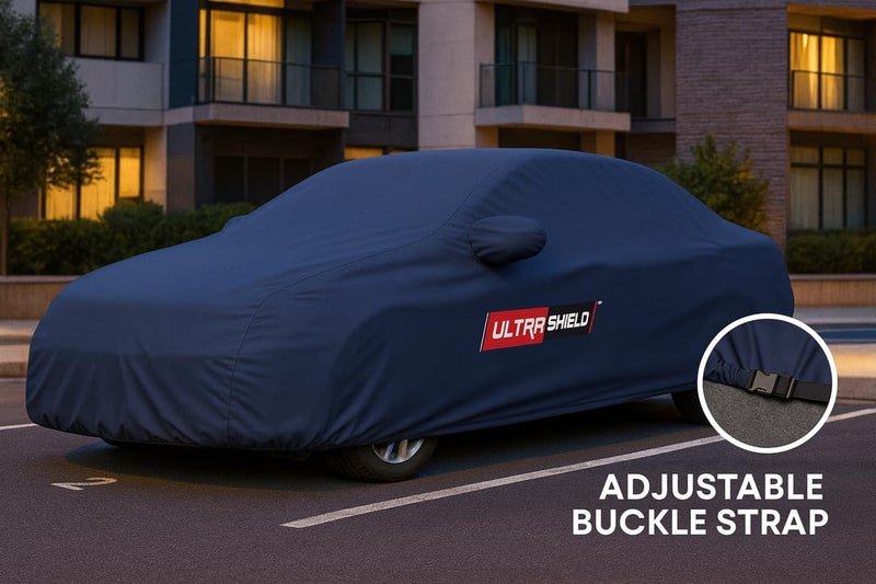 ULTRA SHIELD All Weather Water-Resistant Car Cover for Honda Amaze | Durable Light-Weight Triple-Stitched Fabric, UV Protection, Dust-Proof | Mirror Pockets, Full Elastic | Navy Blue - Image 3