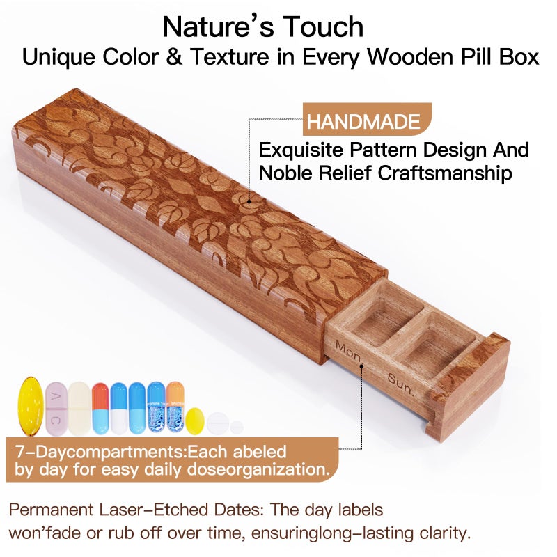 OYTKWU Wooden Pill Organizer, 7 Day Pill Box, Travel Pill Box, Wooden Pill Case Privacy Protection Perfect for Medication, Vitamins, Fish Oils, Supplements (Plus Sapele) - Image 2