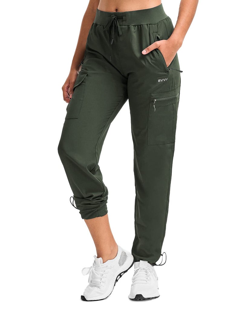 BVVU Womens Hiking Pants Lightweight Quick Dry Travel Outdoor Pants Waterproof Work Cargo Joggers with Zipper Pockets Army Green