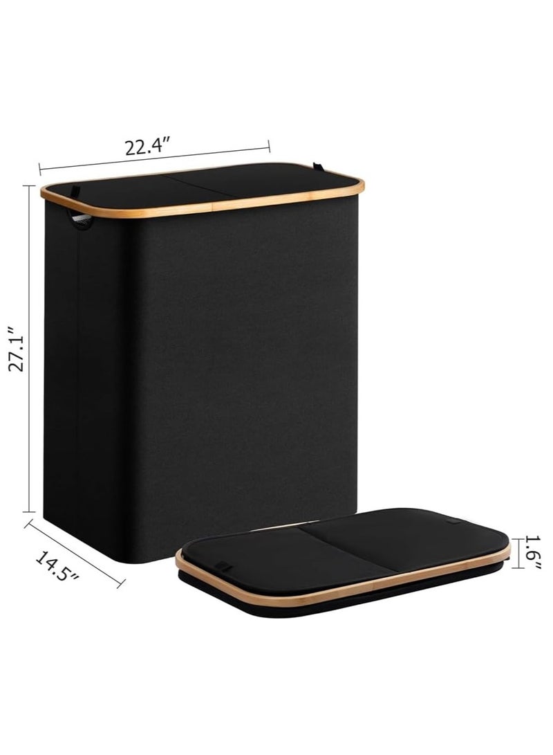 150L Large Laundry Basket with Double Compartment - Foldable Oxford Fabric Hamper with Dustproof Lid & Bamboo Handles for Clothes, Toys, Towels - Space-Saving 14.5Lx22.4Wx27.1H Inch - Black