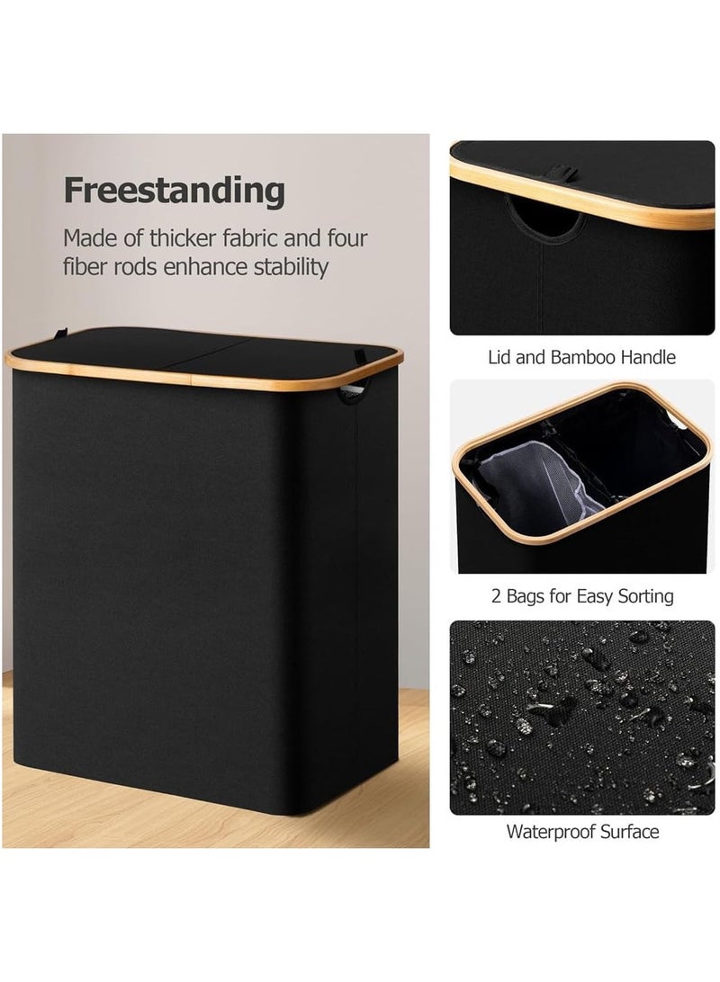 150L Large Laundry Basket with Double Compartment - Foldable Oxford Fabric Hamper with Dustproof Lid & Bamboo Handles for Clothes, Toys, Towels - Space-Saving 14.5Lx22.4Wx27.1H Inch - Black