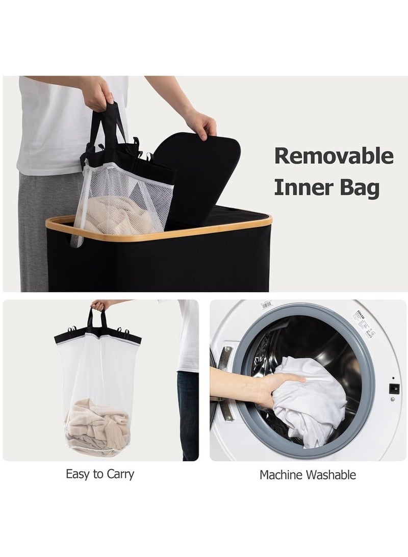 150L Large Laundry Basket with Double Compartment - Foldable Oxford Fabric Hamper with Dustproof Lid & Bamboo Handles for Clothes, Toys, Towels - Space-Saving 14.5Lx22.4Wx27.1H Inch - Black
