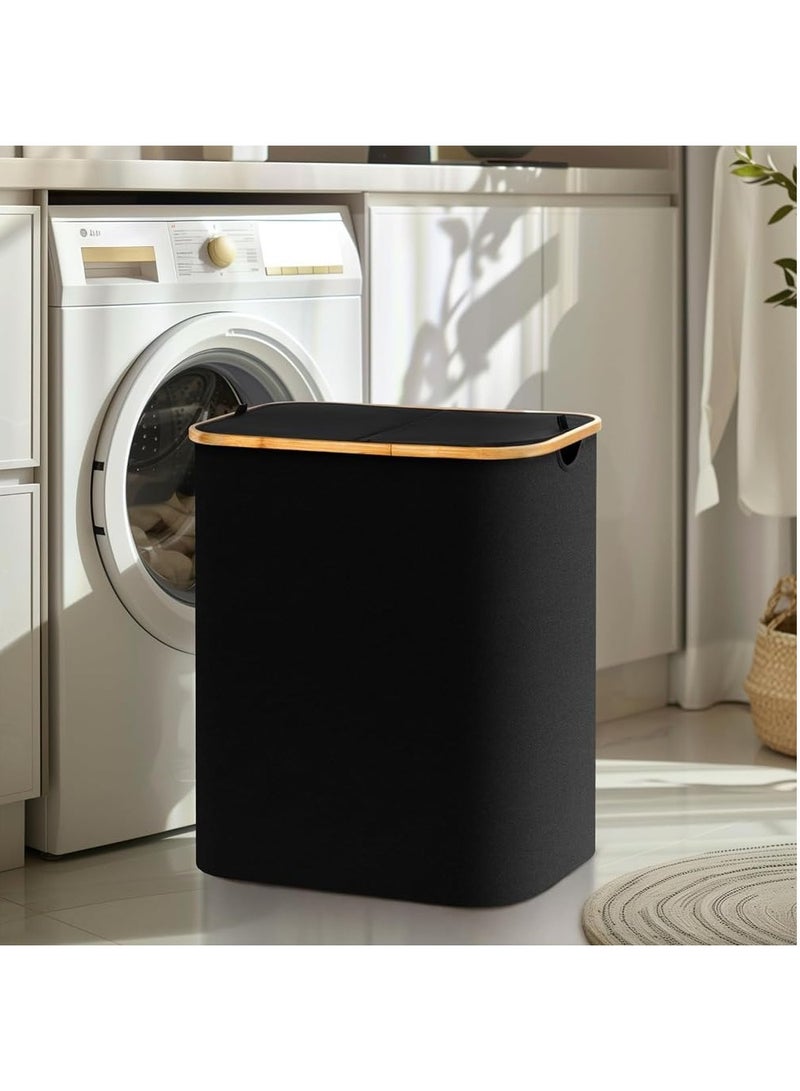 150L Large Laundry Basket with Double Compartment - Foldable Oxford Fabric Hamper with Dustproof Lid & Bamboo Handles for Clothes, Toys, Towels - Space-Saving 14.5Lx22.4Wx27.1H Inch - Black
