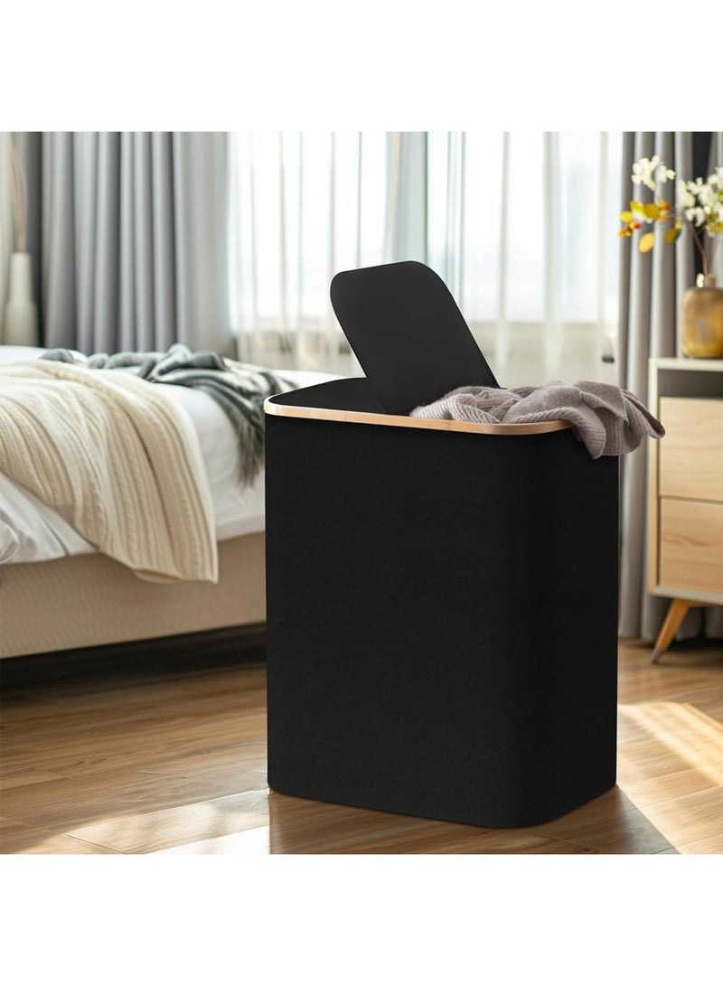 150L Large Laundry Basket with Double Compartment - Foldable Oxford Fabric Hamper with Dustproof Lid & Bamboo Handles for Clothes, Toys, Towels - Space-Saving 14.5Lx22.4Wx27.1H Inch - Black