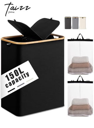 150L Large Laundry Basket with Double Compartment - Foldable Oxford Fabric Hamper with Dustproof Lid & Bamboo Handles for Clothes, Toys, Towels - Space-Saving 14.5Lx22.4Wx27.1H Inch - Black - pzsku/Z48AC449CF98BF32671A7Z/45/_/1737022739/e452a48a-7900-4db4-b5a4-d3a51cb8e59c
