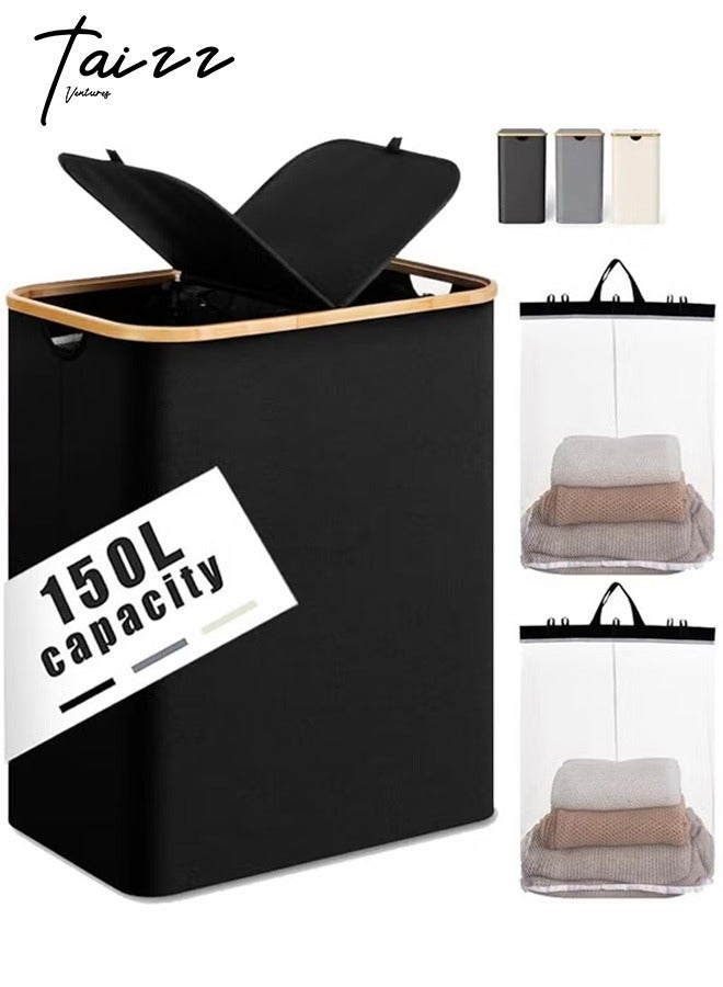 150L Large Laundry Basket with Double Compartment - Foldable Oxford Fabric Hamper with Dustproof Lid & Bamboo Handles for Clothes, Toys, Towels - Space-Saving 14.5Lx22.4Wx27.1H Inch - Black