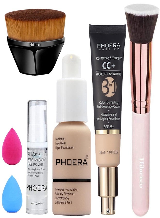 Hilareco PHOERA Foundation,PHOERA CC Cream Foundation Color Correcting Anti Aging Hydrating Serum &SPF 25+,PHOERA Primer, PHOERA Makeup Foundation, Makeup Brushes (102 Nude+100 Porcelain CC Cream) - Image 1