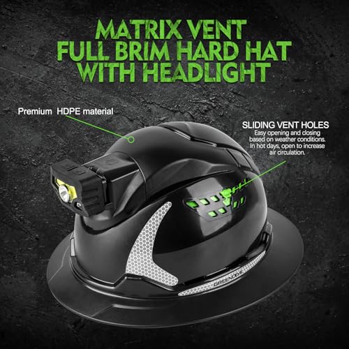 GREEN DEVIL Matrix Full Brim Hard Hat with Headlight Vented Construction Safety Helmet OSHA Approved Cascos De Construccion Work Hardhat for MenWomen - Image 3