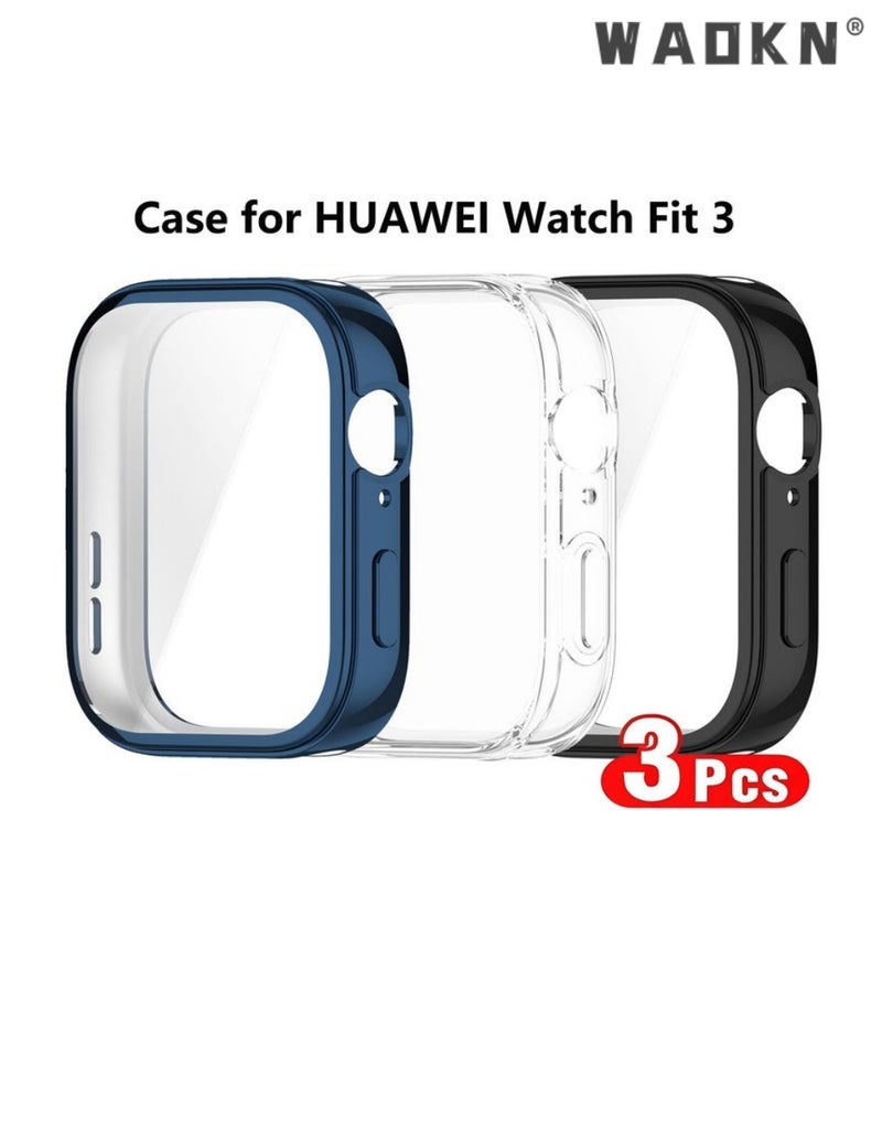 WAOKN 3 PCS Case for HUAWEI Watch Fit 3 Soft TPU Screen Protector Cover Black,Clear and Blue，all inclusive TPU tempered protective case, shell film integrated watch protective cover, thin and comfortable，made of high quality durable tpu - Image 1