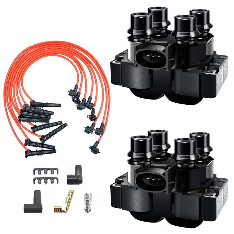 MAS Set of 2 Ignition Coil Pack  8 Pcs Spark plug Wire Set Compatible with Ford Mercury Lincoln Contour E150 Escort Explorer Mustang Ranger Town Car Mark VIII 46L V8 Replacement for FD487 DG530
