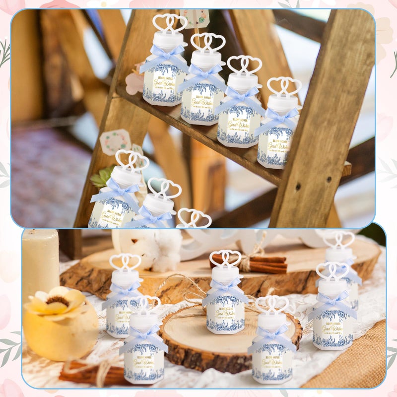 LaRandom 150 Pcs Blue Floral Wedding Party Bubbles Bulk with Bubble Solution Wedding Mini Bubble Gifts Mini Heart Wand for Anniversary, Engagement, Bridal, Valentine's Day, Gift for Couple - Image 4
