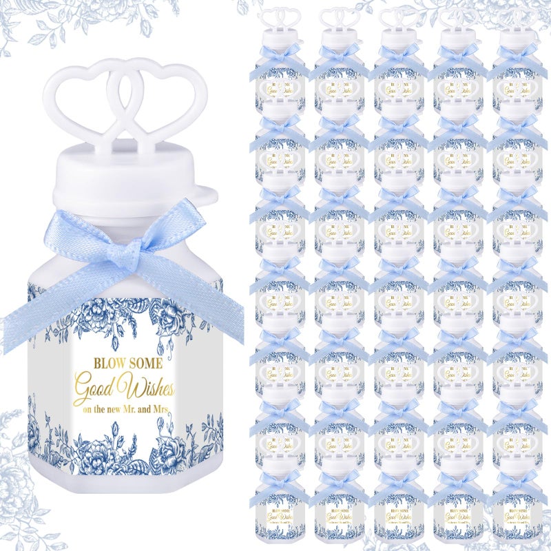 LaRandom 150 Pcs Blue Floral Wedding Party Bubbles Bulk with Bubble Solution Wedding Mini Bubble Gifts Mini Heart Wand for Anniversary, Engagement, Bridal, Valentine's Day, Gift for Couple - Image 1
