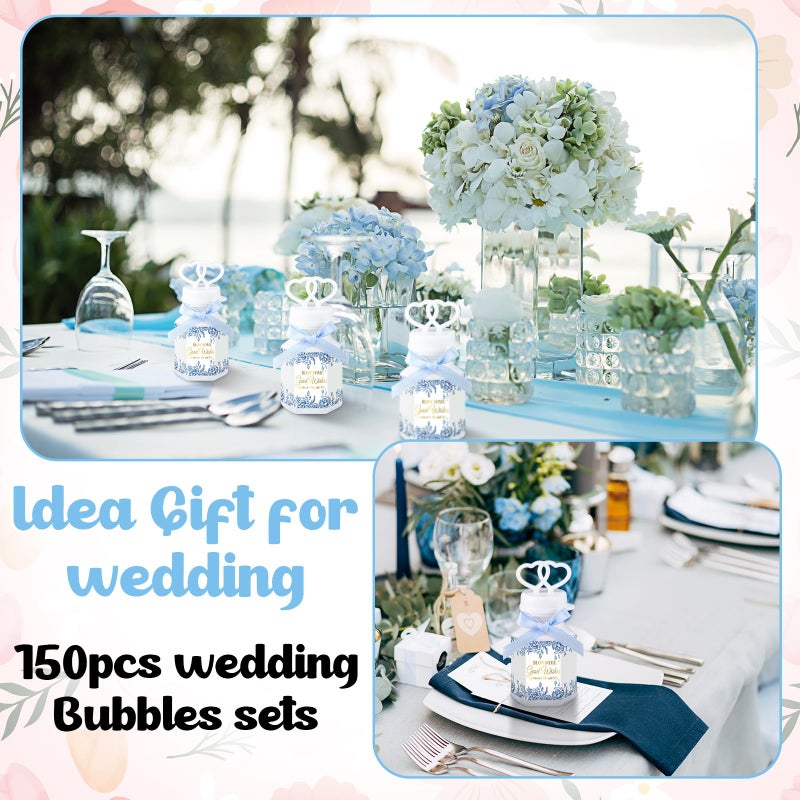 LaRandom 150 Pcs Blue Floral Wedding Party Bubbles Bulk with Bubble Solution Wedding Mini Bubble Gifts Mini Heart Wand for Anniversary, Engagement, Bridal, Valentine's Day, Gift for Couple - Image 5