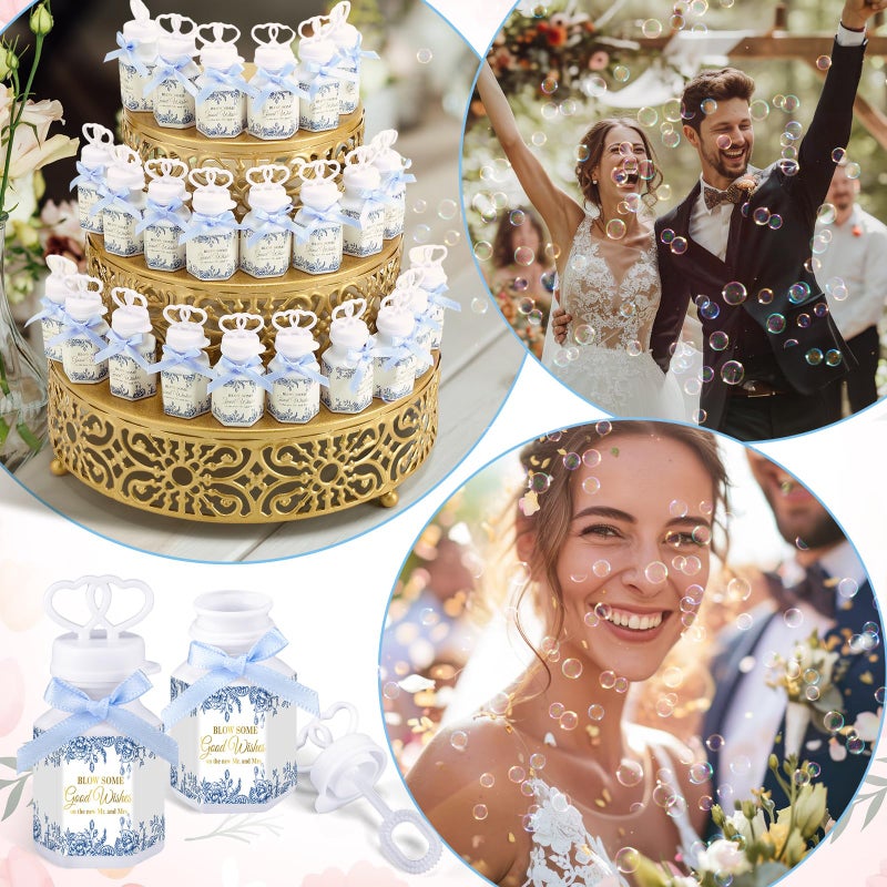 LaRandom 150 Pcs Blue Floral Wedding Party Bubbles Bulk with Bubble Solution Wedding Mini Bubble Gifts Mini Heart Wand for Anniversary, Engagement, Bridal, Valentine's Day, Gift for Couple - Image 3