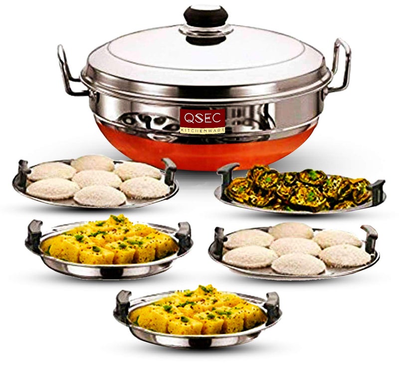 QSEC QSEC Stainless Steel Multi Kadai Idli cooker steamer with Copper Bottom AllinOne Big Size dhokla cooker 5 Plate 2 Idli 2 Dhokla 1 Patra Momo steamer 3 in 1 Idli maker steamer 285MM 100 Non toxin material  - Image 1