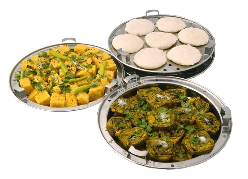 QSEC QSEC Stainless Steel Multi Kadai Idli cooker steamer with Copper Bottom AllinOne Big Size dhokla cooker 5 Plate 2 Idli 2 Dhokla 1 Patra Momo steamer 3 in 1 Idli maker steamer 285MM 100 Non toxin material  - Image 3