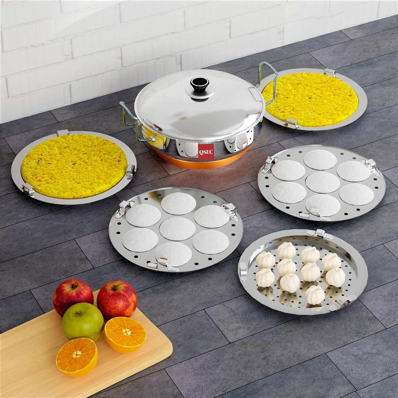 QSEC QSEC Stainless Steel Multi Kadai Idli cooker steamer with Copper Bottom AllinOne Big Size dhokla cooker 5 Plate 2 Idli 2 Dhokla 1 Patra Momo steamer 3 in 1 Idli maker steamer 285MM 100 Non toxin material  - Image 2