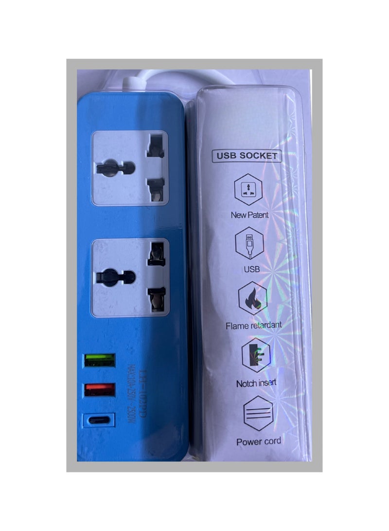 Extension Cord with 2 USB Ports, 1 Type-C Port & 2 Power Sockets, 2M Length – Blue