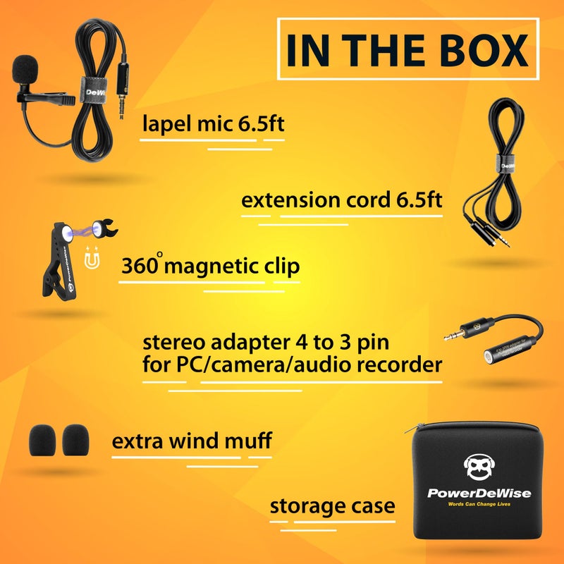PowerDeWise Professional Grade Lavalier Clip On Microphone - Lav Mic for Camera Phone iPhone GoPro Video Recording ASMR - Small Noise Cancelling 3.5mm Tiny Shirt Microphone with Easy Clip On System - Image 3