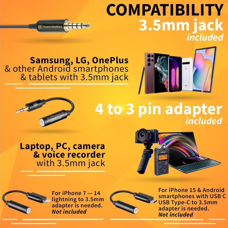 PowerDeWise Professional Grade Lavalier Clip On Microphone - Lav Mic for Camera Phone iPhone GoPro Video Recording ASMR - Small Noise Cancelling 3.5mm Tiny Shirt Microphone with Easy Clip On System - Image 5