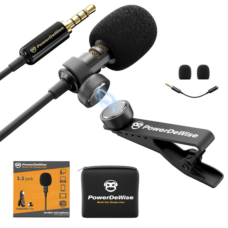 PowerDeWise Professional Grade Lavalier Clip On Microphone - Lav Mic for Camera Phone iPhone GoPro Video Recording ASMR - Small Noise Cancelling 3.5mm Tiny Shirt Microphone with Easy Clip On System - Image 1