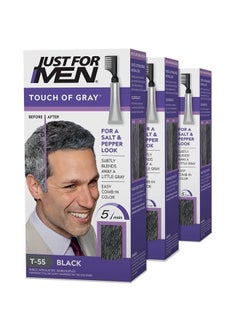 Just For Men Touch of Gray, Mens Hair Color Kit with Comb Applicator for Easy Application, Great for a Salt and Pepper Look - Black, T-55, Pack of 3
