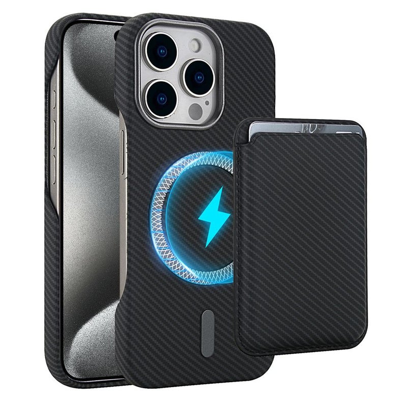 إيروريكس جراب هاتف iPhone 15 Pro Max مصنوع من ألياف الكربون MagSafe وحامل بطاقات مغناطيسي (أسود) - Image 1