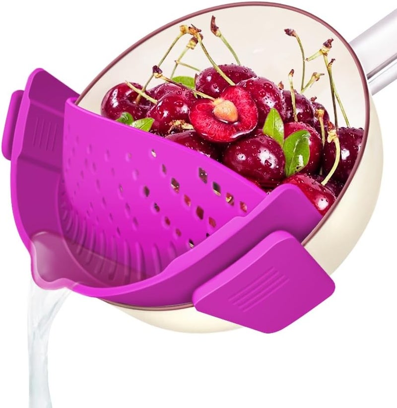 YEVIOR Clip on Strainer for Pots Pan Pasta,Silicone Food Strainer Hands-Free Pan Strainer, Clip-on Kitchen Food Strainer for Spaghetti, Pasta, Ground Beef Fits All Bowls and Pots (Purple) - Image 1