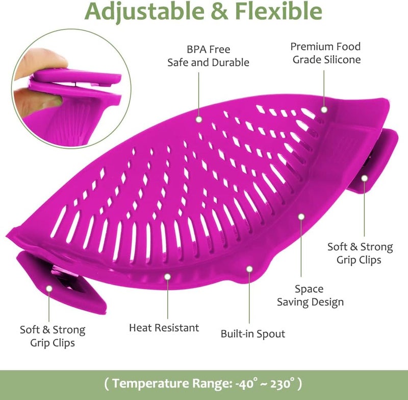YEVIOR Clip on Strainer for Pots Pan Pasta,Silicone Food Strainer Hands-Free Pan Strainer, Clip-on Kitchen Food Strainer for Spaghetti, Pasta, Ground Beef Fits All Bowls and Pots (Purple) - Image 2