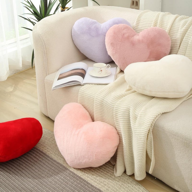 CANGHI 2 Pcs Heart Pillows Pink White Love Heart Shaped Throw Pillows Valentines Wedding Anniversary Faux Rabbit Fluffy Decorative Cushions for Livingroom Bed Sofa Car Couch Home Decor Aesthetic - Image 4