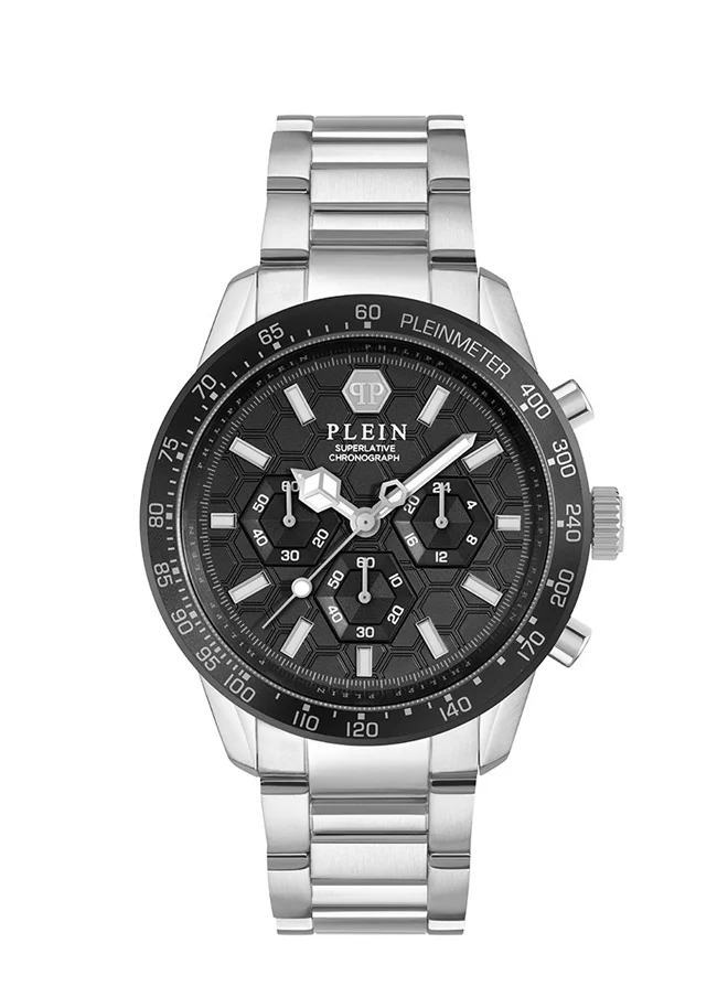 PHILIPP PLEIN PLEINMETER Philipp Plein Men's Chronograph Watch, Silver & Black Design, Luminous Markers, Stainless Steel Bracelet, 44mm Case, 50m Water Resistant