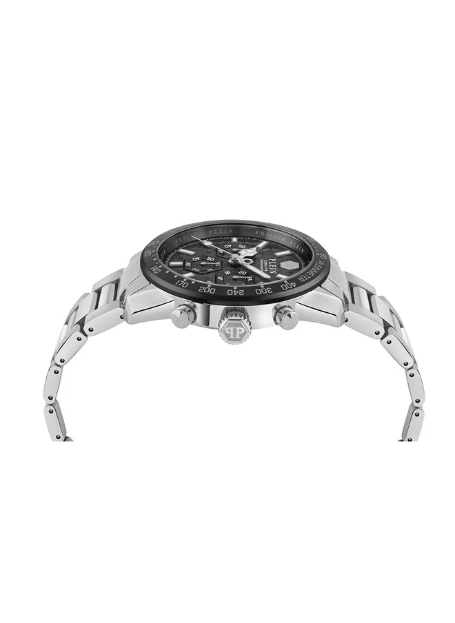 PHILIPP PLEIN PLEINMETER Philipp Plein Men's Chronograph Watch, Silver & Black Design, Luminous Markers, Stainless Steel Bracelet, 44mm Case, 50m Water Resistant