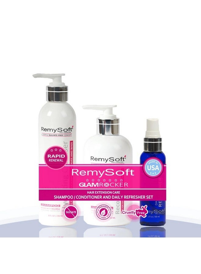 RemySoft Glam Rocker Rapid Renewal System - Safe for Hair Extensions, Weaves and Wigs - Salon Formula Shampoo, Conditioner & Leave-In Conditioner - Gentle Sulfate-free Lather - Image 1