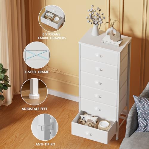 Furnulem White Tall Dresser for Bedroom,Vertical Storage Tower Unit and End Table with 6 Fabric Drawers, Nightstand Furniture with Drawer Organizer in Living Room,Closet,Entryway,Hallyway - Image 5