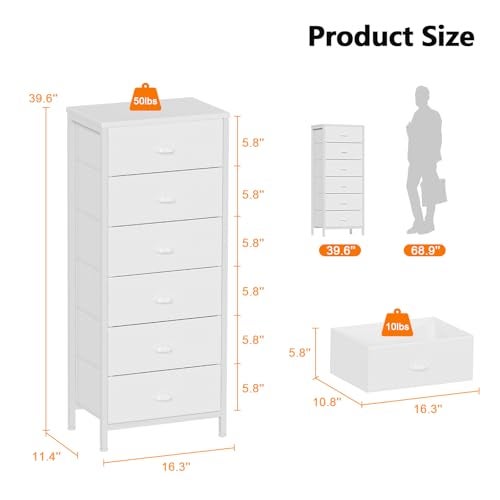 Furnulem White Tall Dresser for Bedroom,Vertical Storage Tower Unit and End Table with 6 Fabric Drawers, Nightstand Furniture with Drawer Organizer in Living Room,Closet,Entryway,Hallyway - Image 3