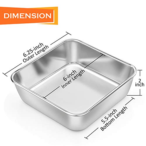 P&P CHEF Square Baking Cake Pans, Small Stainless Steel Lasagna Brownie Pan For Birthday Cake Bread Pie, Non-toxic & Durable, Smooth Rim & Leakproof, Oven & Dishwasher Safe, 6 Inch & 2 Pcs - Image 2