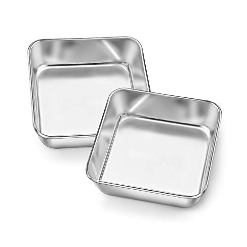 P&P CHEF Square Baking Cake Pans, Small Stainless Steel Lasagna Brownie Pan For Birthday Cake Bread Pie, Non-toxic & Durable, Smooth Rim & Leakproof, Oven & Dishwasher Safe, 6 Inch & 2 Pcs - Image 1